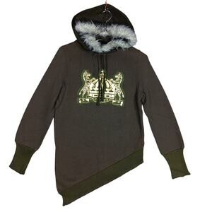 Ebase Symmetrical Hoodie Size Small Army Green Gold Graphics Faux Fur Hoody Trim